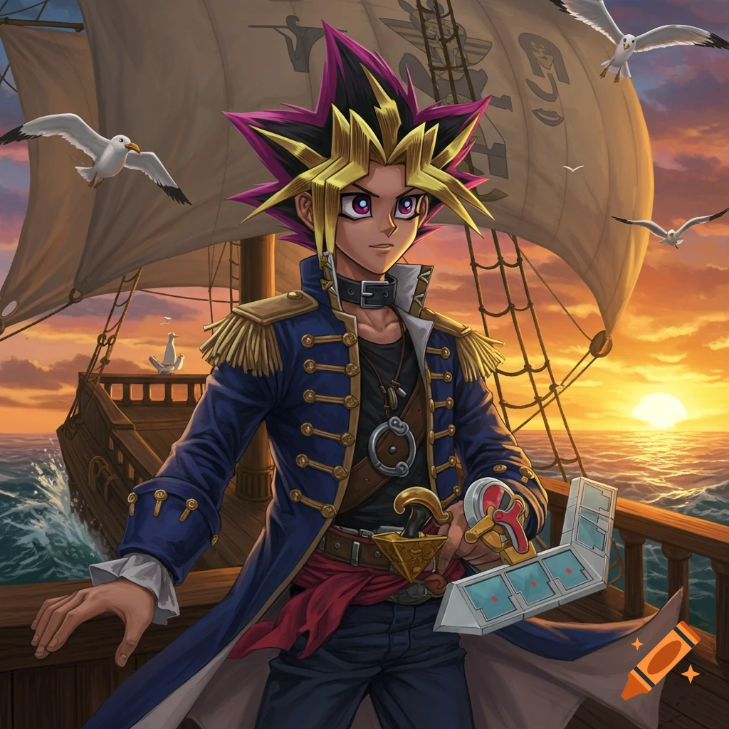 Anime character Yugi Muto dressed as a pirate, holding a duel disk on a ship at sunset, with seagulls flying.