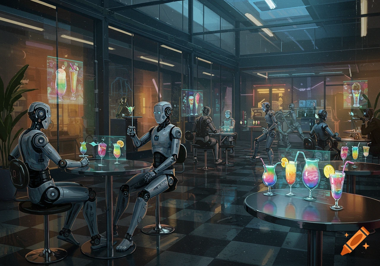 Robots socialize and drink colorful cocktails in a dimly lit, futuristic cafe with holographic menus.