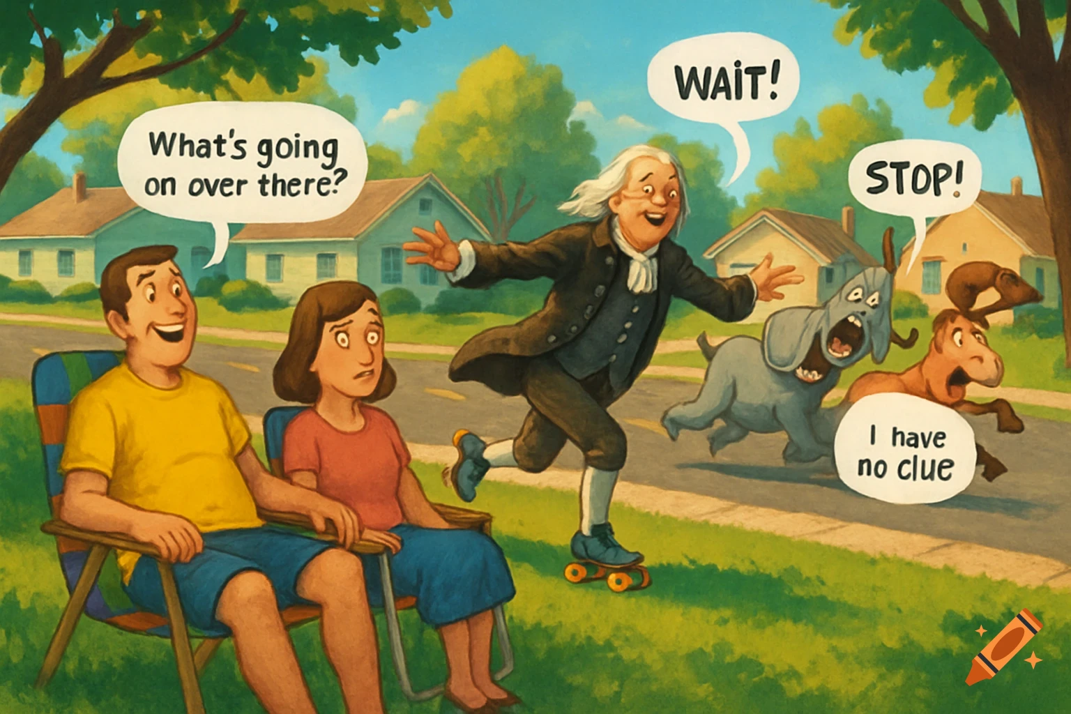 Cartoon of Benjamin Franklin on roller skates chased by an elephant and a donkey, passing a couple on a suburban lawn.