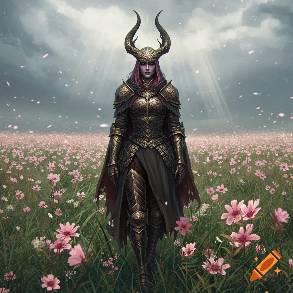 A horned warrior in dark ornate armor with purple skin stands in a field of pink flowers under a dramatic sky with sun rays.