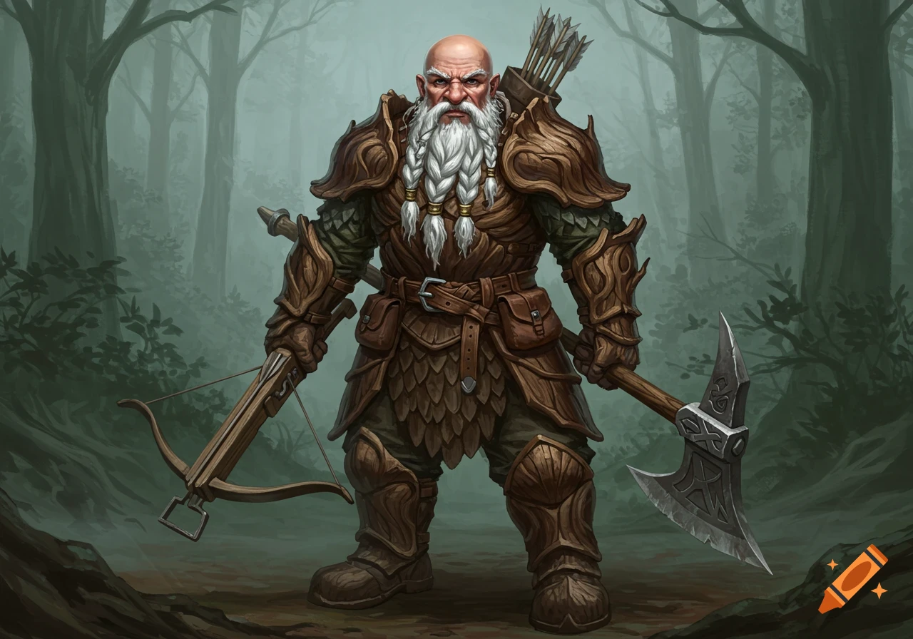 A bald dwarven ranger with a white braided beard, wearing bark armor, holds a crossbow and greataxe in a misty forest.