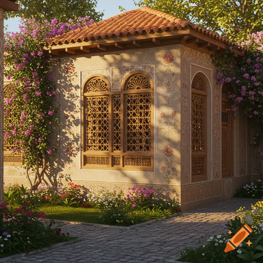 A beautiful building with intricate wooden windows and patterned walls, surrounded by lush green plants and colorful flowers, under soft sunlight.