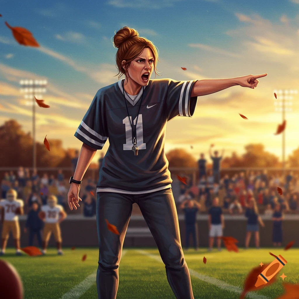 An illustrated female football coach with a bun yells and points on a field at sunset, with players and autumn leaves.