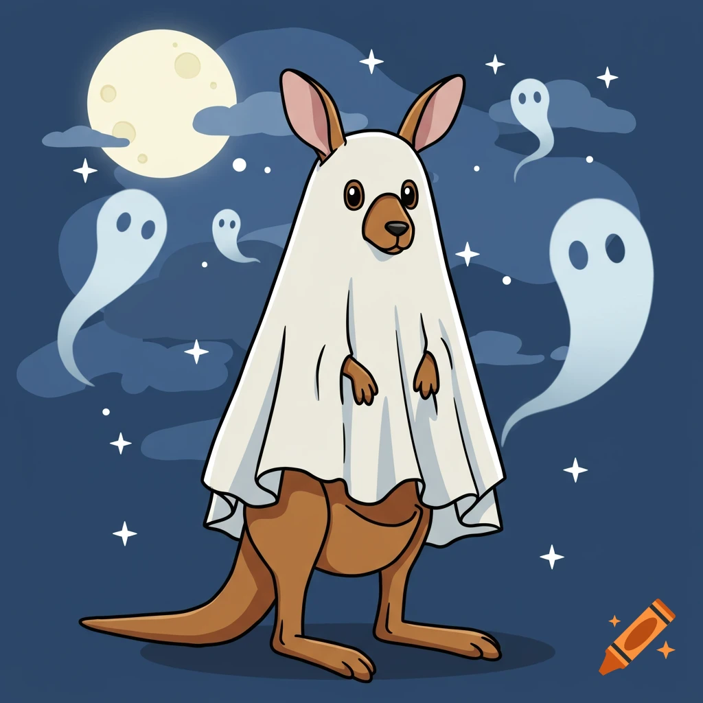 A cartoon kangaroo in a white ghost costume stands at night with a full moon, clouds, stars, and small ghosts in the background.