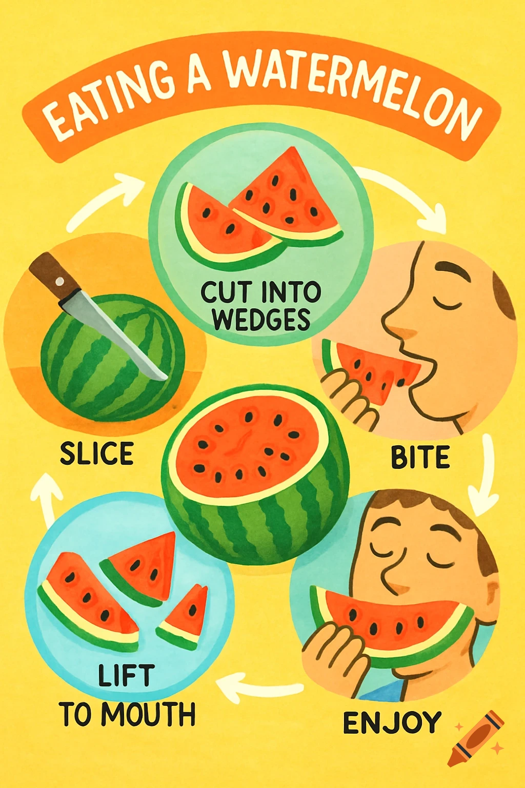 An illustrated diagram showing five steps to eating a watermelon: slice, cut into wedges, bite, lift to mouth, and enjoy.