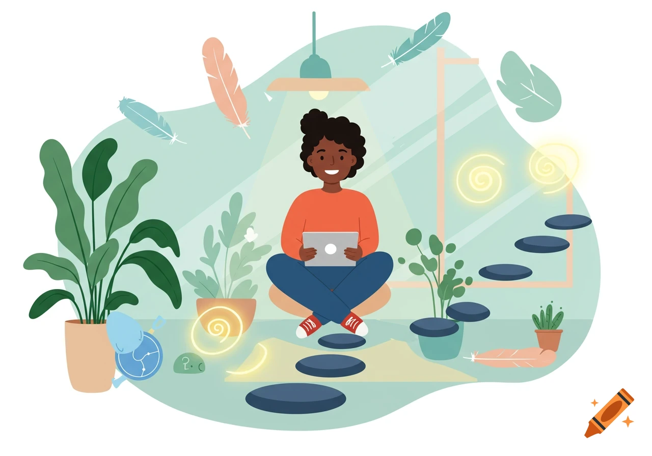 A smiling person sits cross-legged under a lamp, holding a tablet, surrounded by potted plants and floating feathers in a pastel illustration style.