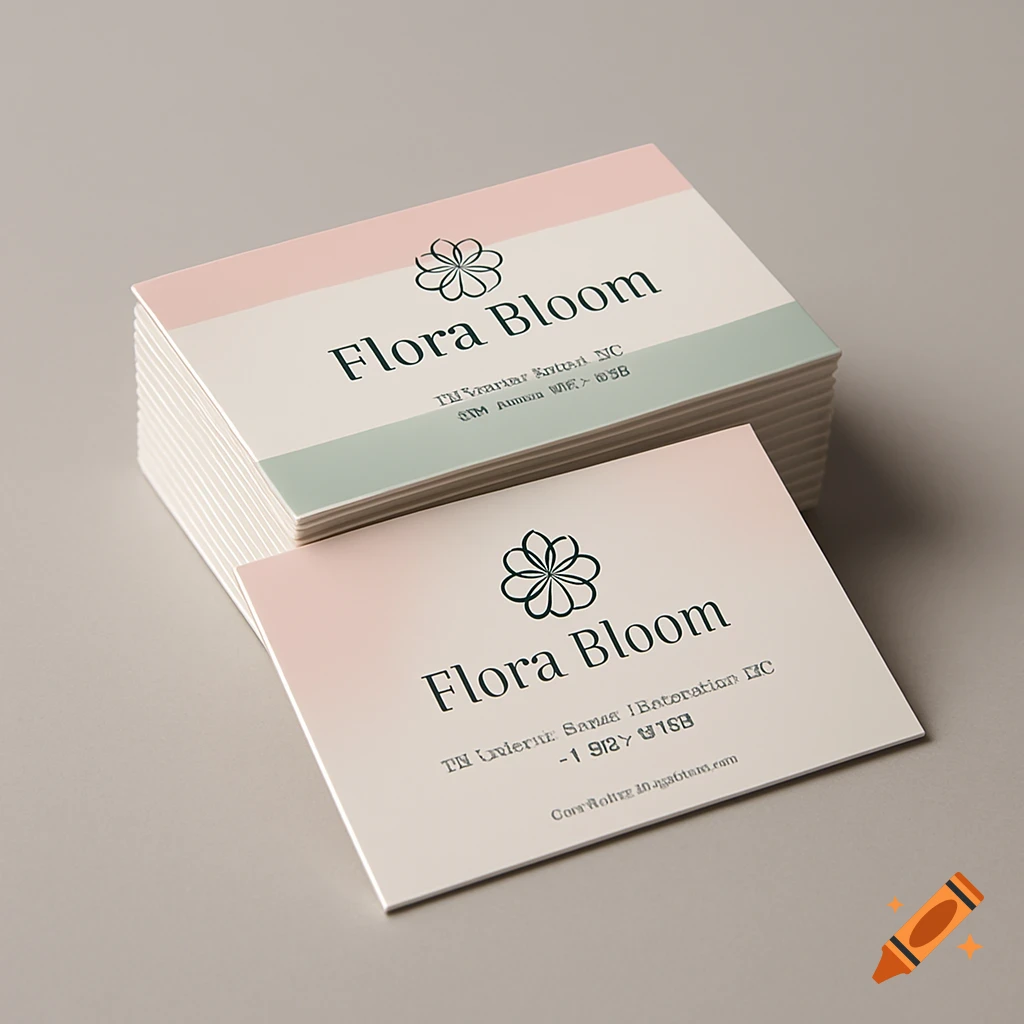 A stack of elegant business cards with a minimalist flower logo and 'Flora Bloom' in pastel pink, green, and white on a grey background.