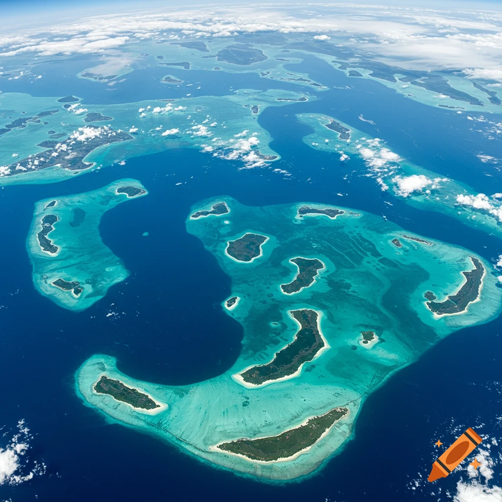 Aerial view of numerous tropical islands with green vegetation and white beaches in turquoise and deep blue ocean.