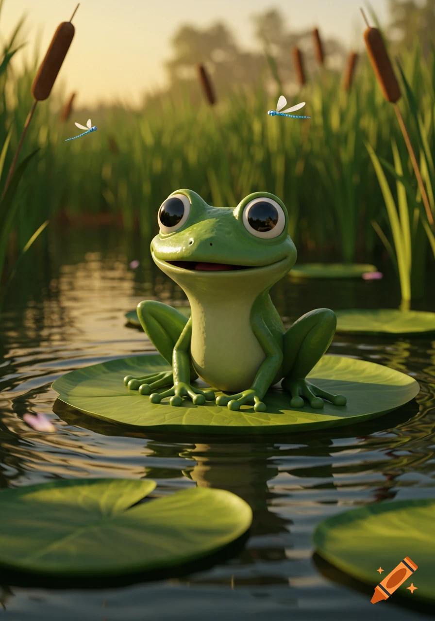 A cute, happy cartoon frog with big eyes sits on a lily pad in a pond with dragonflies and cattails.