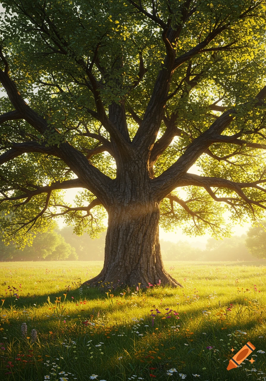 Photorealistic image of a large, majestic tree with green leaves in a sunlit meadow full of wildflowers.