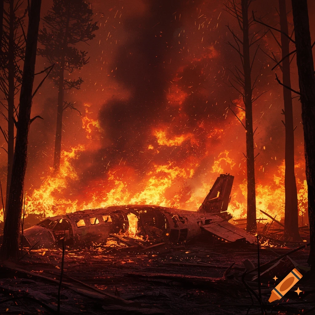 Photorealistic image of a crashed plane engulfed in a raging forest fire at night.