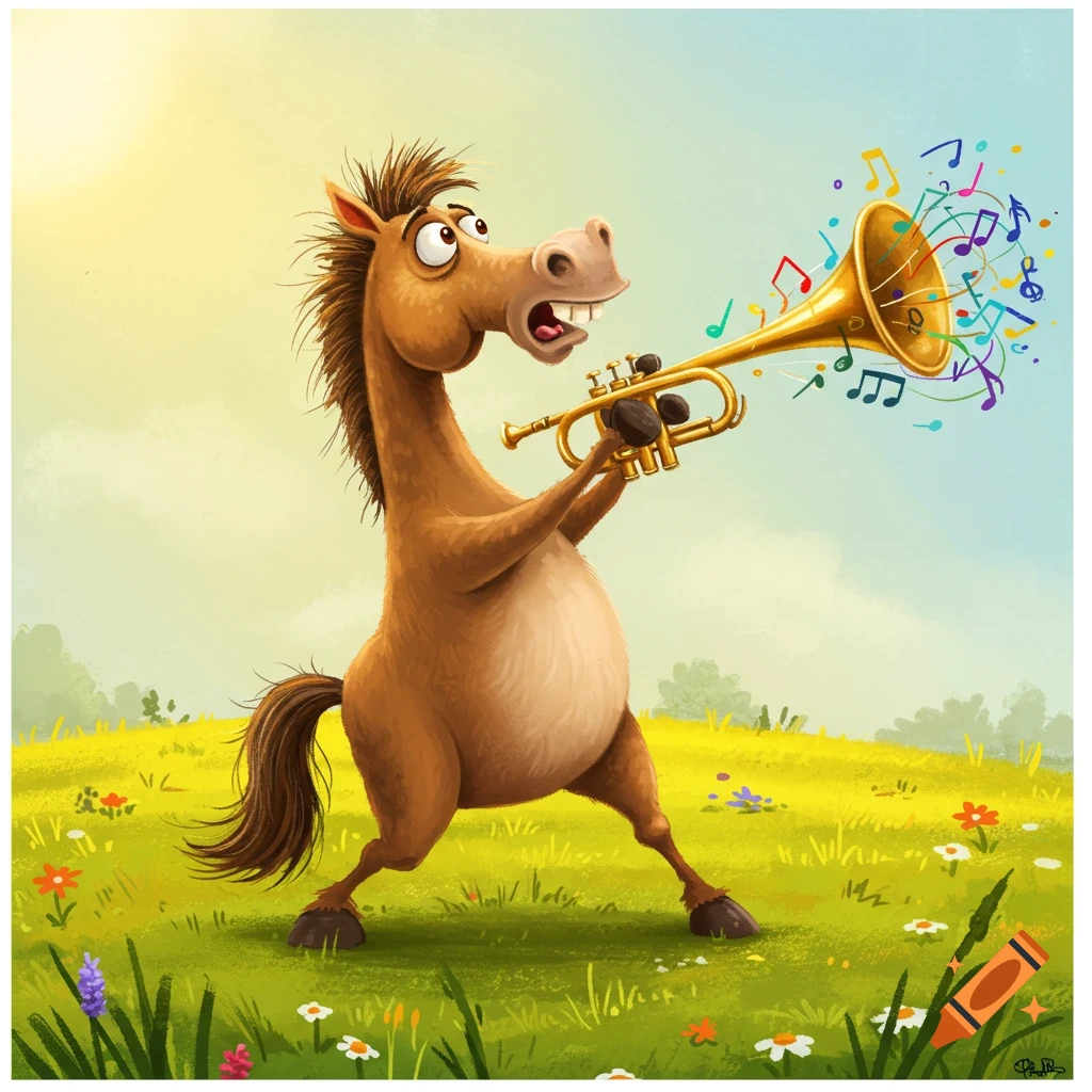 Cartoon horse with a surprised expression badly plays a golden trumpet in a sunny green field, with colorful musical notes floating out.