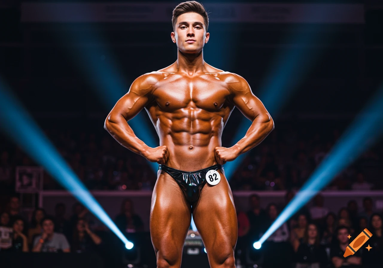 A muscular male bodybuilder in black posing trunks flexes on stage under spotlights, wearing number 82.