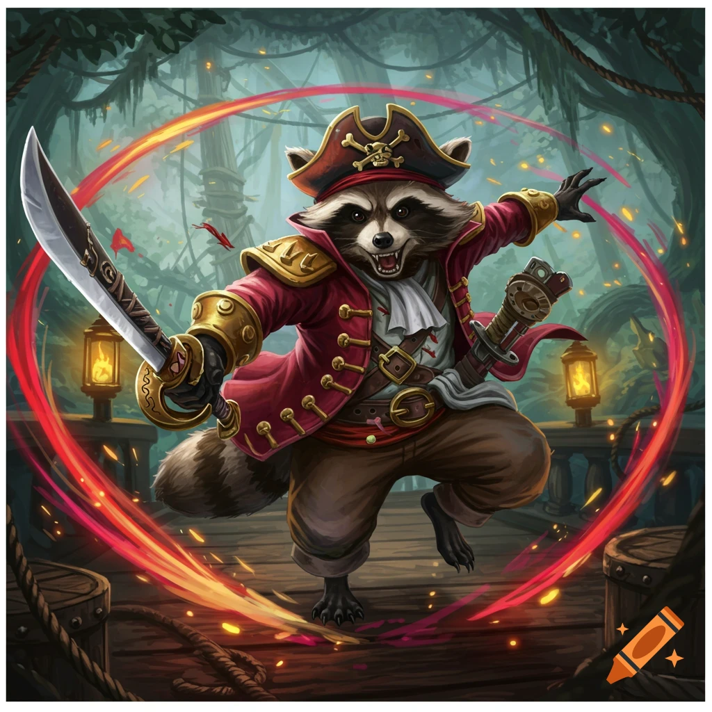 A fierce cartoon raccoon pirate in a red coat and tricorn hat, holding a sword and surrounded by a fiery red aura on a ship's deck with jungle in the background.