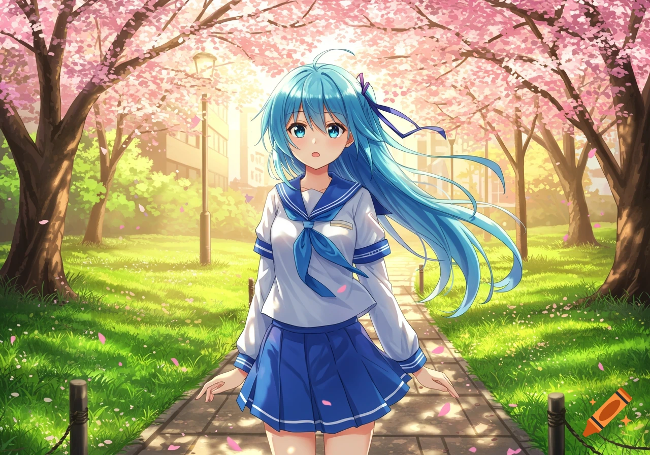 Anime schoolgirl with long blue hair standing in a park under blooming cherry blossom trees on a sunny day.