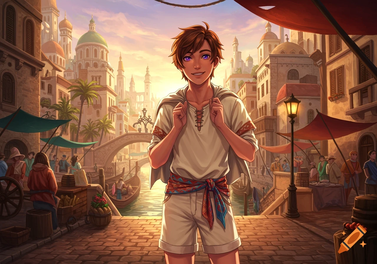 Smiling teenage boy with brown hair and purple eyes in a white outfit, standing in a vibrant fantasy city with canals and market stalls at sunset.