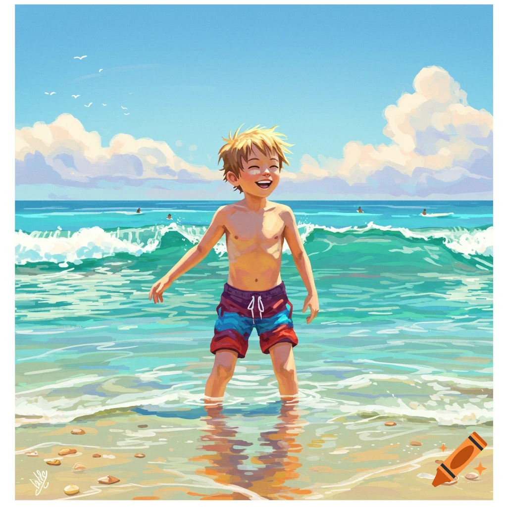 An illustrated boy with blonde hair in swim trunks smiles happily, standing in the shallow turquoise water at a sunny beach.