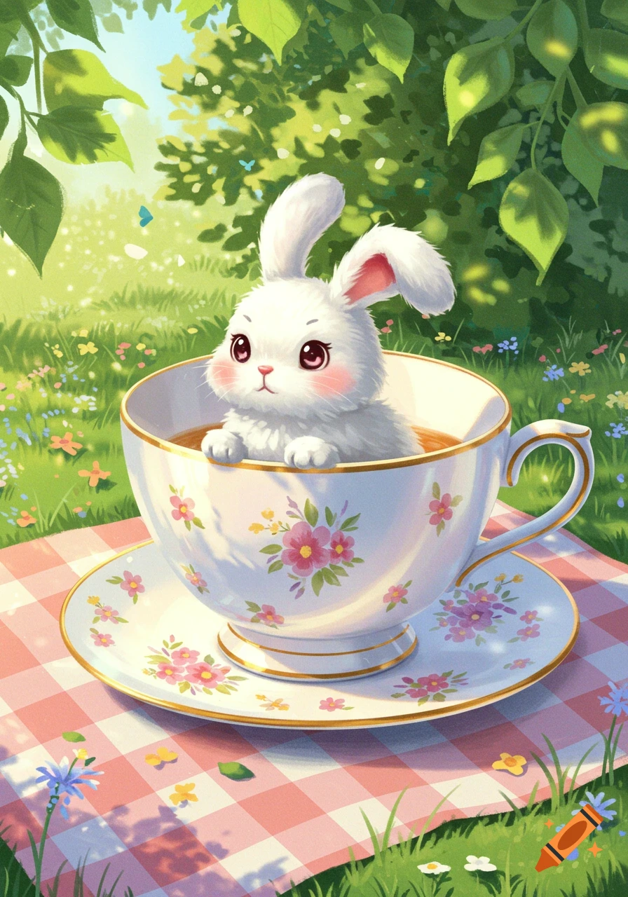 A fluffy white bunny with large eyes sits in a white teacup adorned with pink flowers, resting on a pink checkered blanket in a sunlit garden.