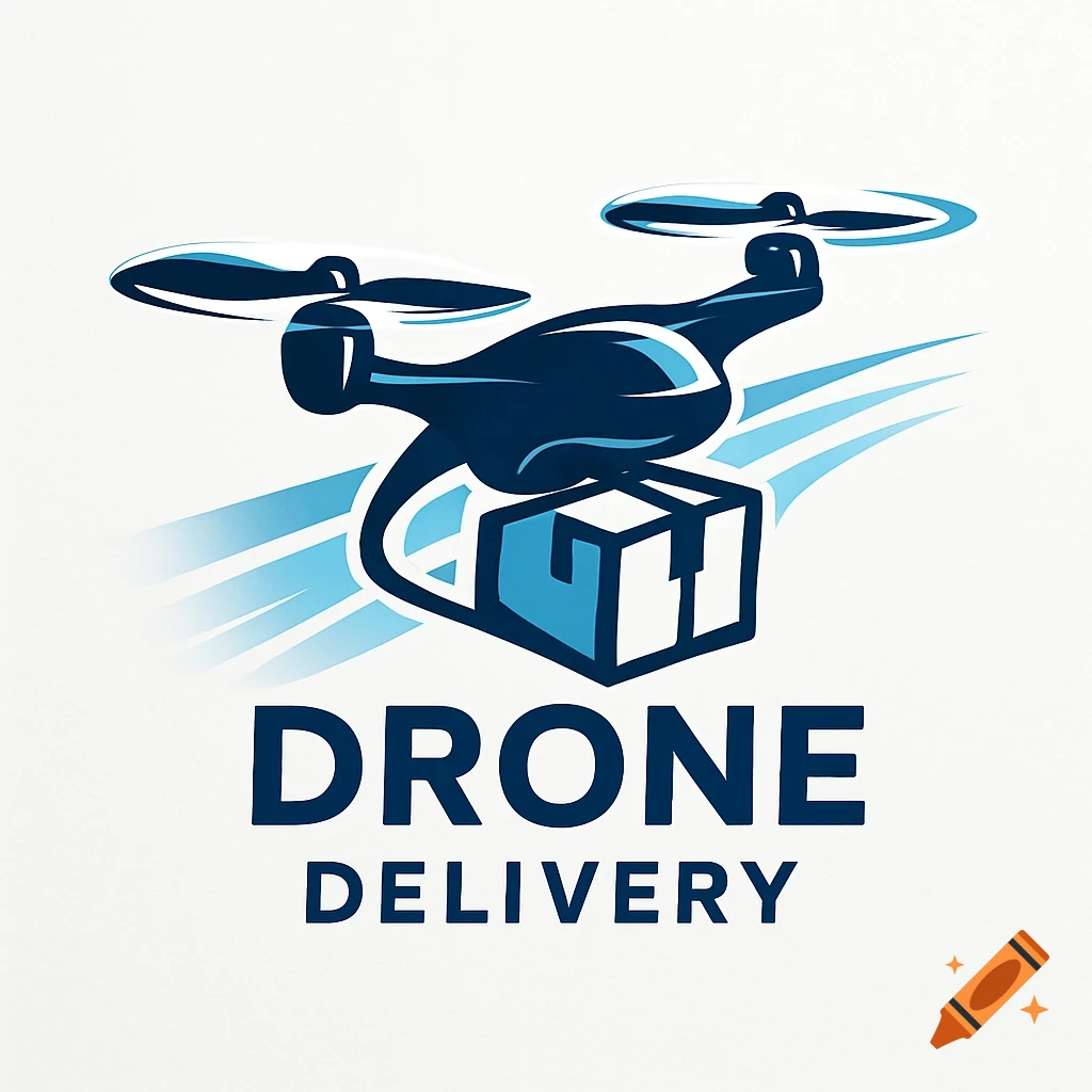 Stylized blue drone carrying a package, with 'DRONE DELIVERY' text below, on a white background.