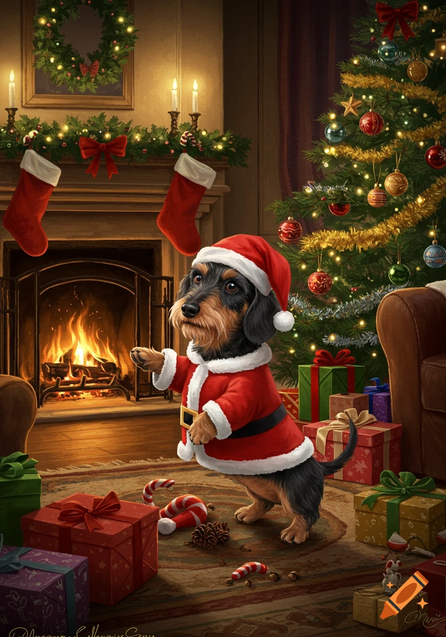 A wire-haired dachshund puppy dressed in a Santa suit stands on a rug with gifts, in front of a fireplace and a decorated Christmas tree.