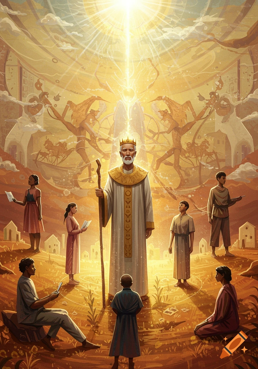 A robed, crowned man with a staff stands radiating light among diverse people in a golden, ethereal landscape with small buildings, digital painting.