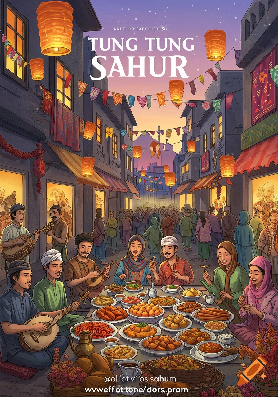 An illustrated night scene of a bustling street decorated with lanterns and flags. People in traditional attire sit at a long table laden with various dishes, while others play instruments and gather in the background under text that reads "TUNG TUNG SAHUR".