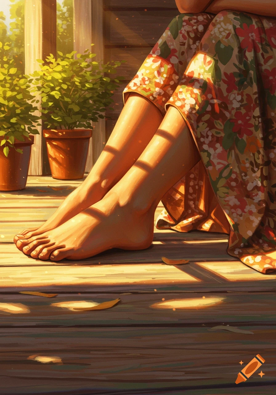 Bare feet and lower legs of a woman in a floral dress on a sunlit wooden porch with potted plants, in a warm, painterly style.