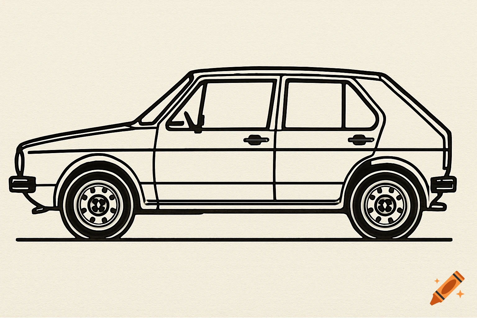 A black and white line art illustration of a classic VW Golf 1 car in profile against a light, textured background.