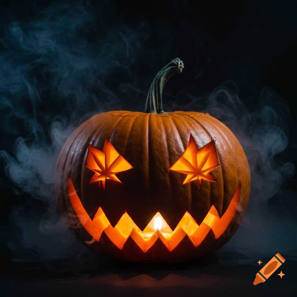 A jack-o'-lantern with cannabis leaf-shaped eyes glows warmly amidst smoke on a dark background.
