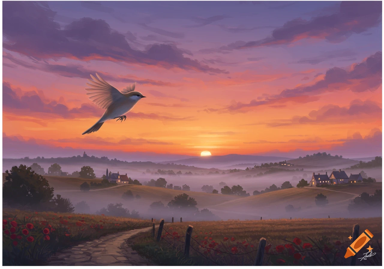 A small bird soars over a misty French countryside with a winding path and red flowers, under a vibrant sunset sky in a painterly style.