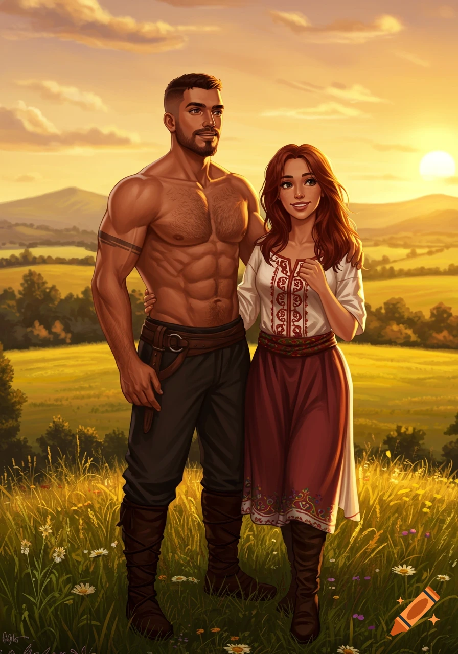 A strong, shirtless man and a woman in traditional attire stand in a golden field during sunset, digital art.