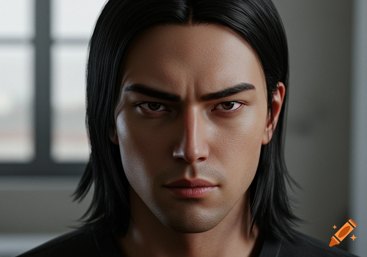 Close-up photorealistic portrait of an Asian man with long black hair, thick eyebrows, and a serious, piercing gaze.