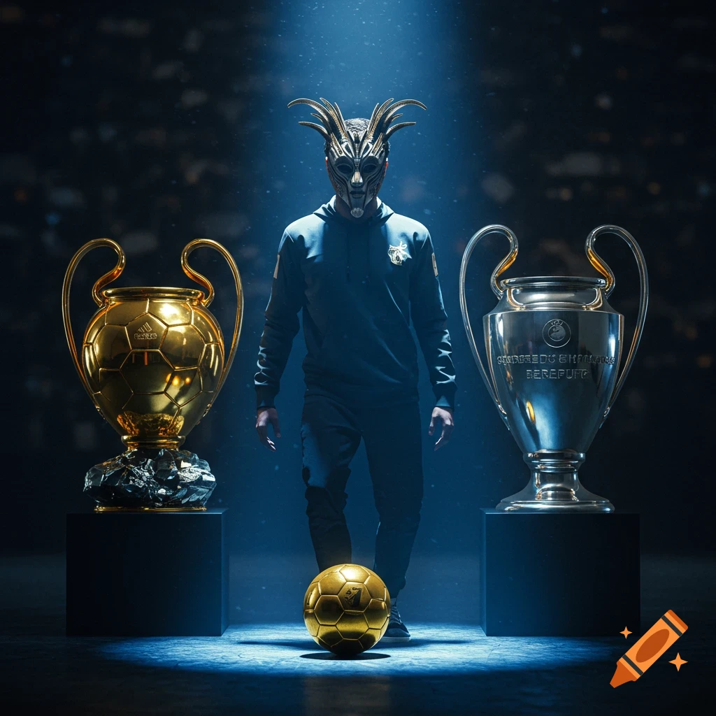 A masked figure in a hoodie stands between a golden trophy and a silver Champions League trophy, with a golden soccer ball at their feet, under a spotlight.