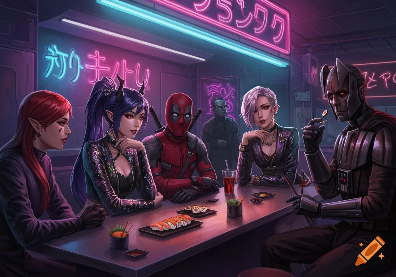 Anime-style characters Deadpool, Darth Malgus, and three women with elf ears and horns sit eating sushi in a neon-lit cyberpunk bar.