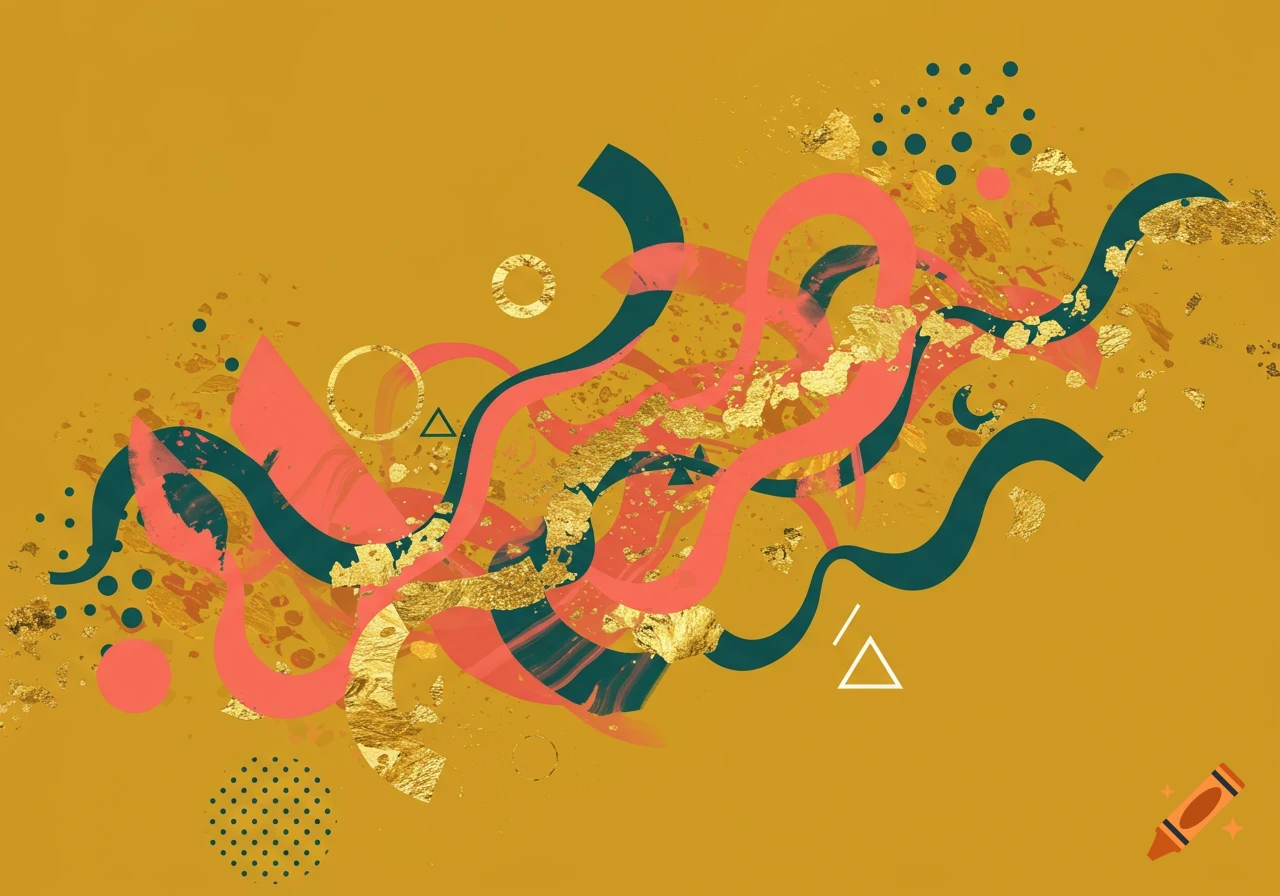 Abstract art featuring coral and teal curved shapes, gold leaf, and geometric dots and outlines on a mustard yellow background.