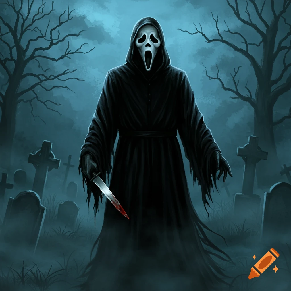 Ghost Face holding a bloody knife in a misty graveyard with tombstones and bare trees at night.