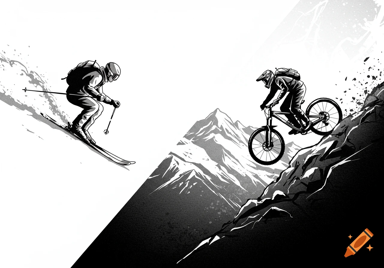 Black and white linear illustration of a skier descending a snowy mountain and a mountain biker descending a rocky mountain.