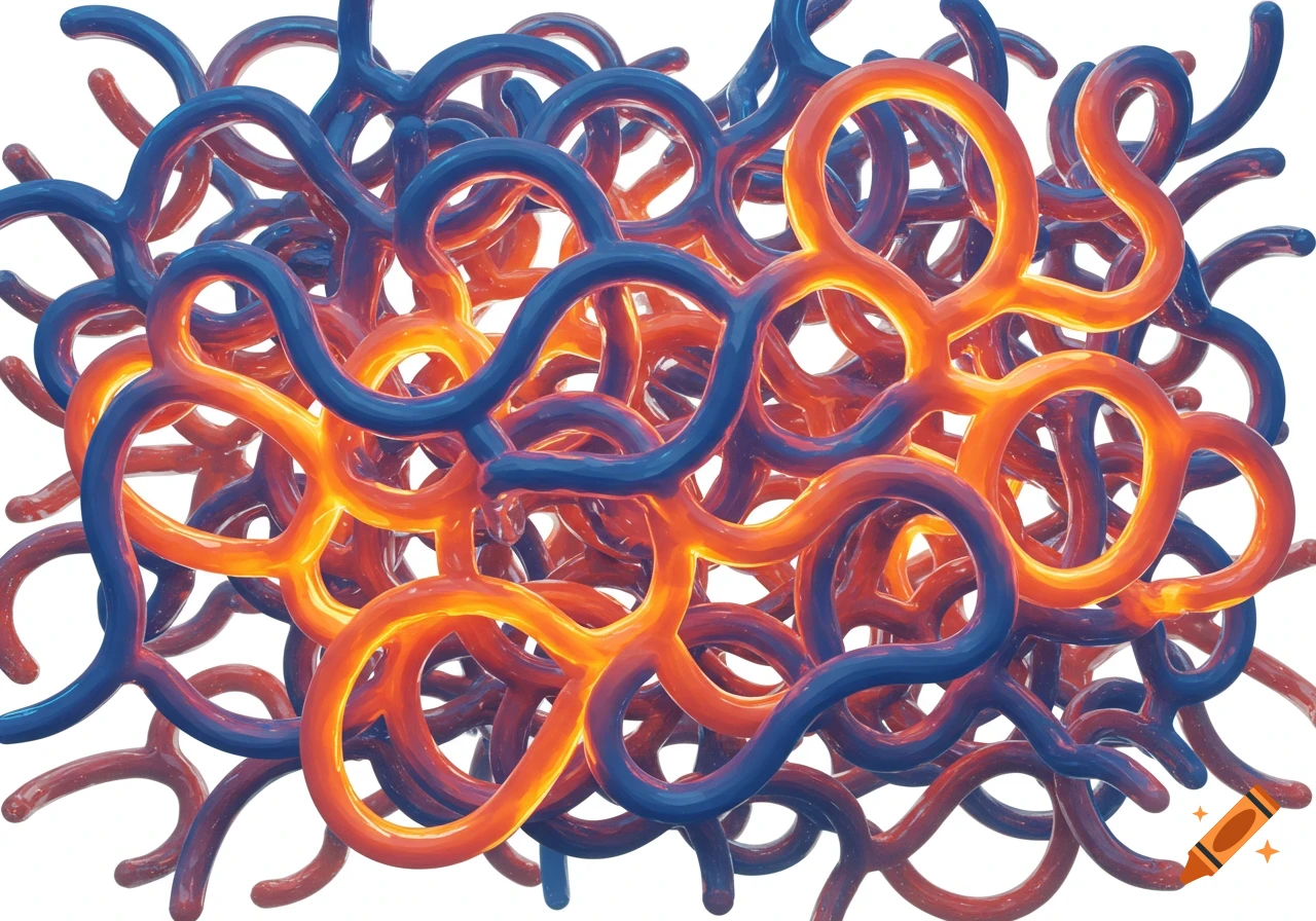 An abstract pattern of intertwined glowing orange and blue tubular lines against a white background.