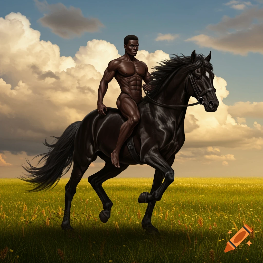 A muscular Black man rides a black horse through a green field under a cloudy sky.