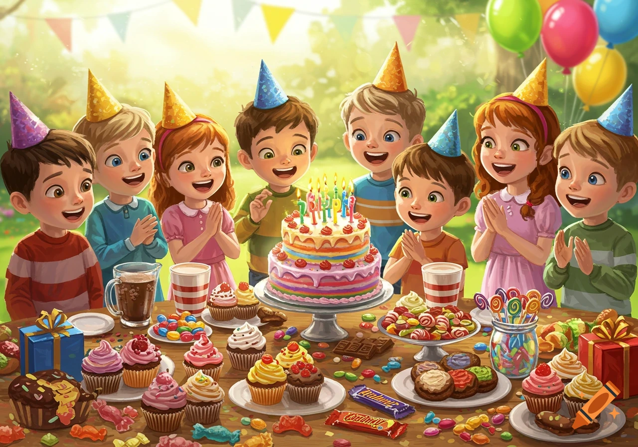 A group of happy cartoon children with party hats gather around a rainbow birthday cake, surrounded by colorful sweets at an outdoor party.