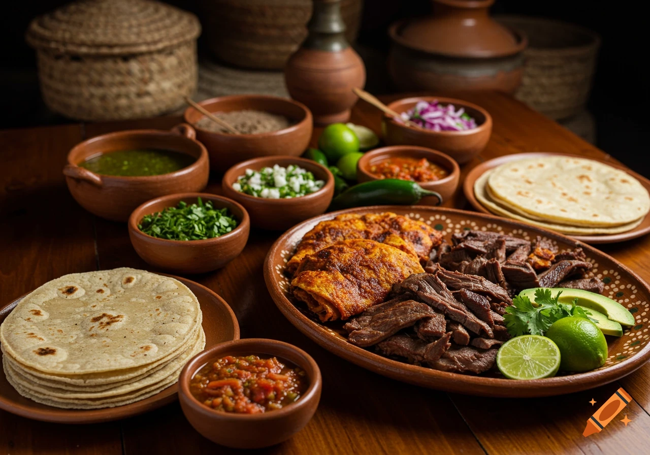 A photorealistic Mexican food spread with grilled meat, tortillas, various salsas, limes, and fresh herbs in terracotta bowls on a wooden table.