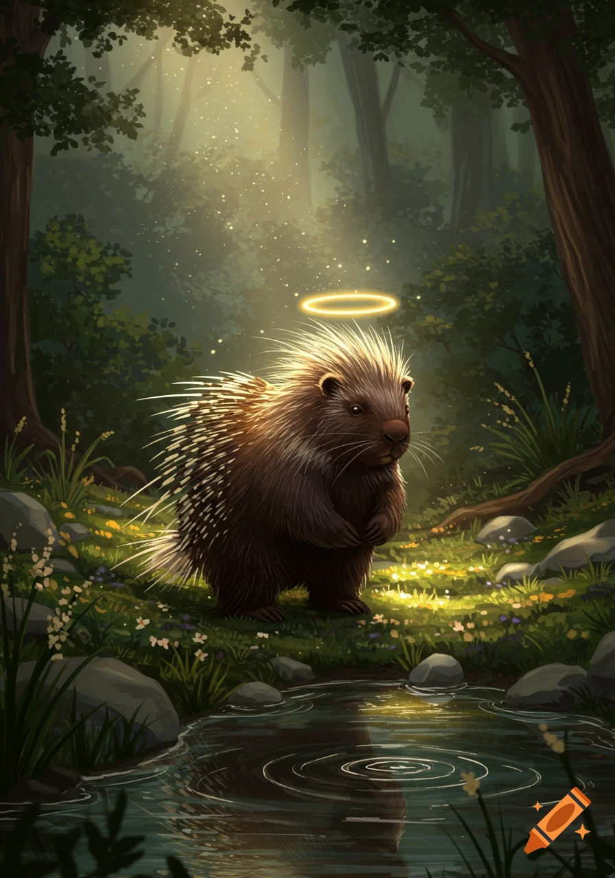 A cute porcupine with a golden halo stands in a sunlit forest next to a reflective pond.