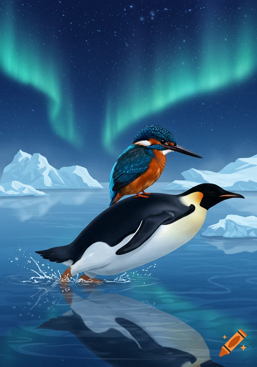 A colorful kingfisher rides on the back of a penguin splashing through icy water under the aurora borealis and a starry sky.
