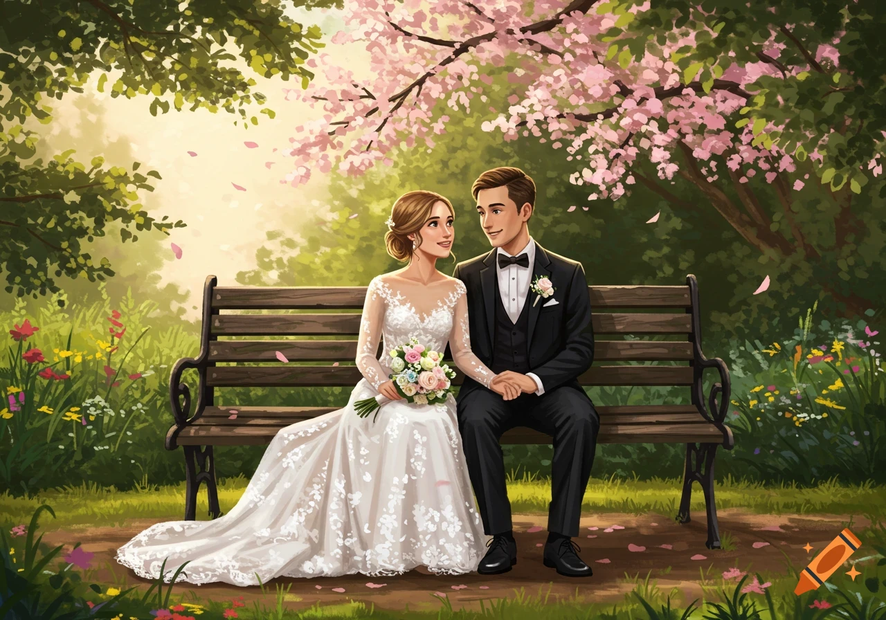 An illustrative image of a smiling bride and groom sitting on a park bench under a cherry blossom tree, holding hands.