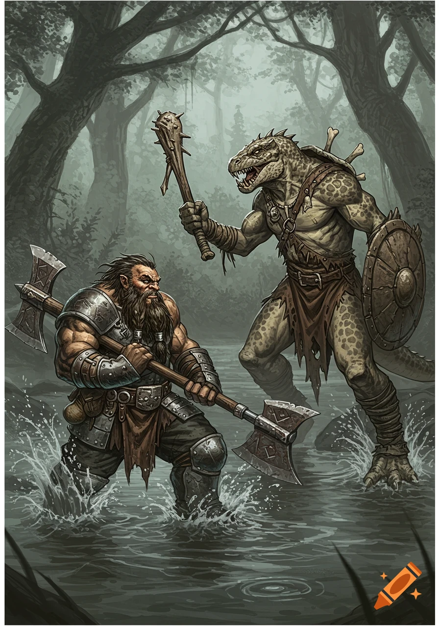 A muscular bearded dwarf with a battle axe confronts a reptilian monster with a bone club and shield in shallow water, fantasy art.