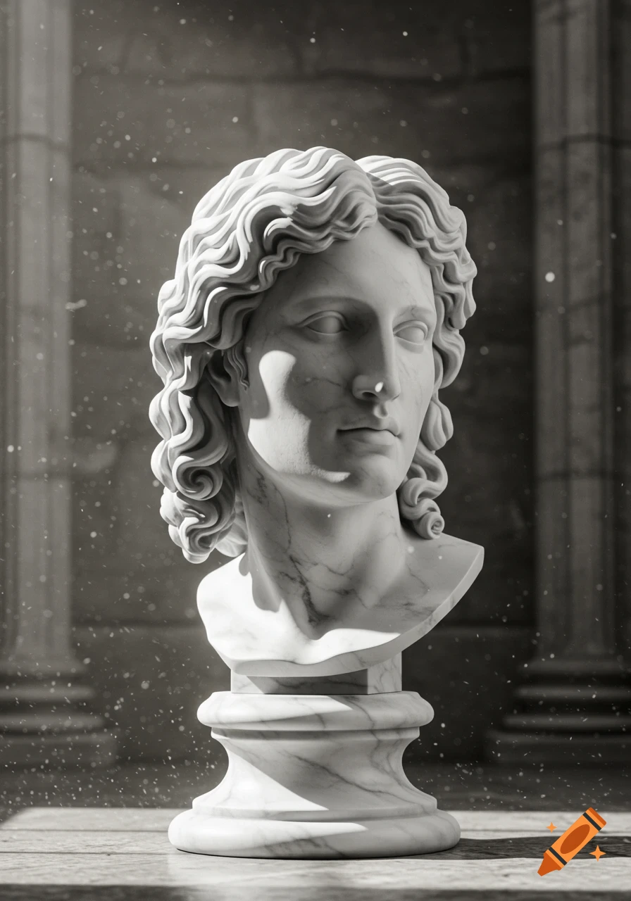 A photorealistic black and white image of a classical white marble bust of a person with curly hair, bathed in sunlight.