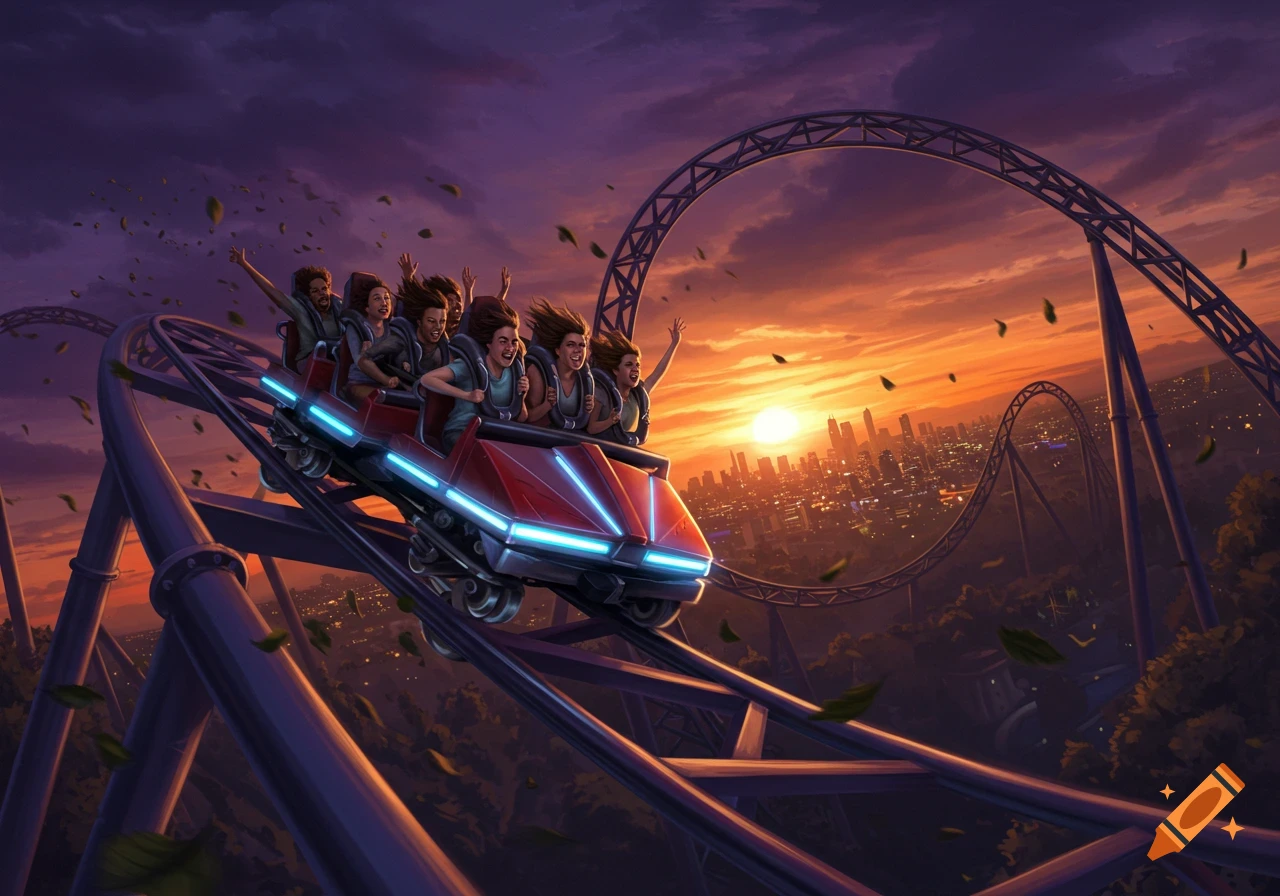 People on a red rollercoaster during sunset over a city, with flying leaves.