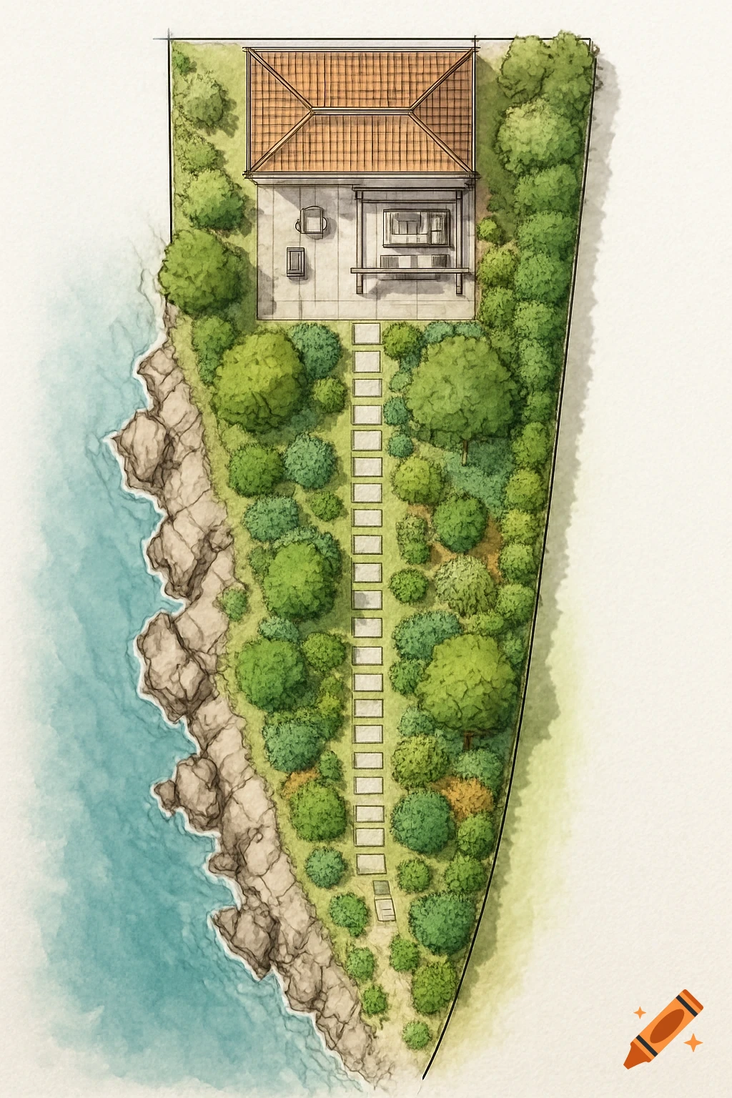 Top-down architectural watercolor sketch of a coastal property with a house, patio, garden, path, and rocky coastline.