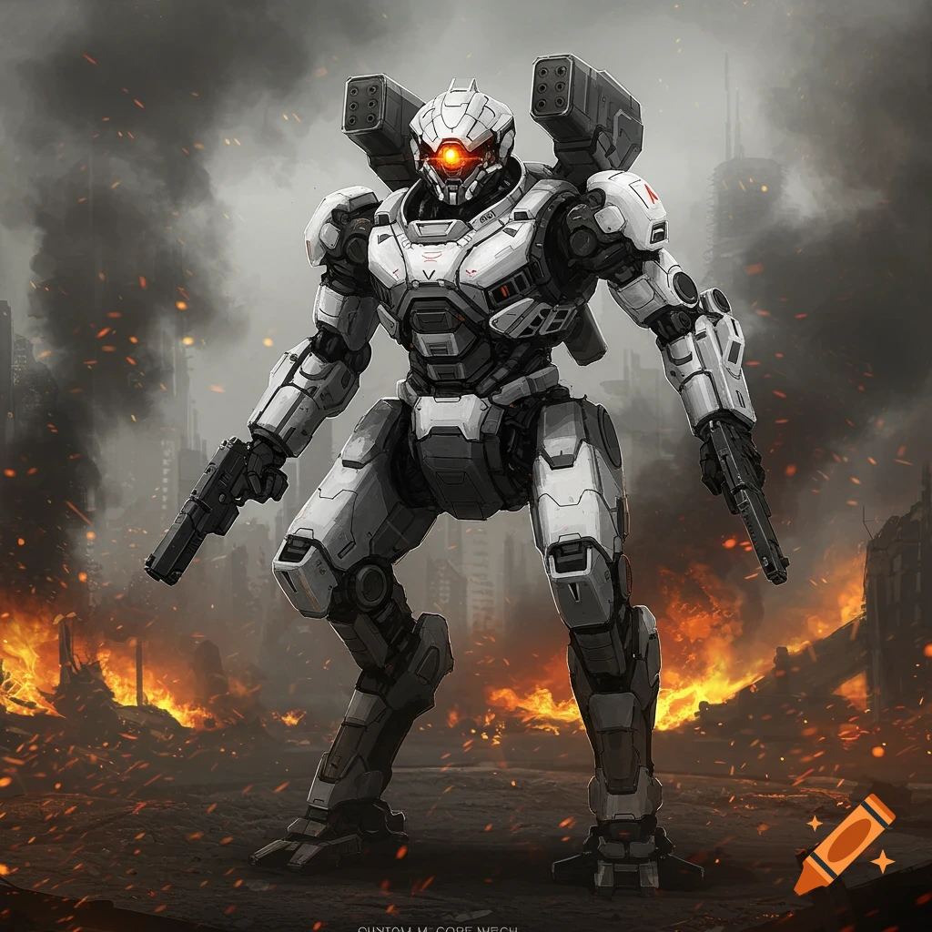A white, grey, and black armored core mech with two pistols, shoulder missile pods, and an orange eye stands in a burning, smoke-filled city.