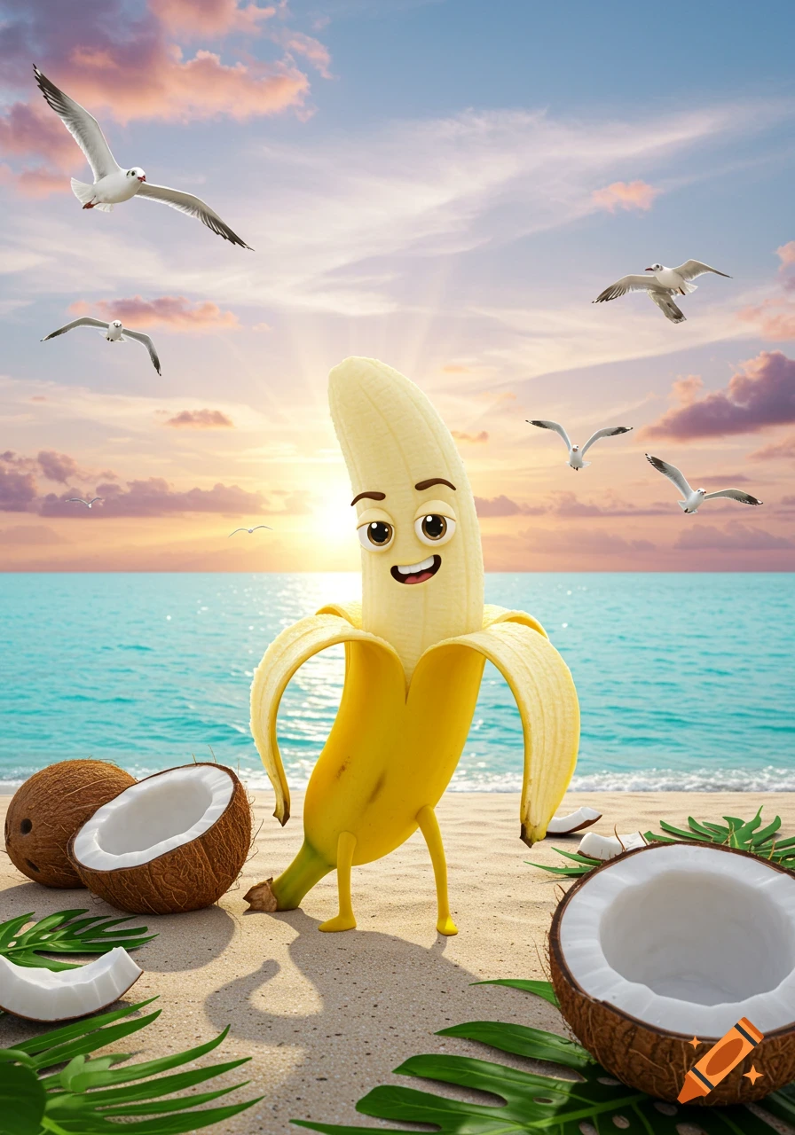 A happy cartoon banana character with a peeled skin body stands on a beach with coconuts, palm leaves, and seagulls at sunset.
